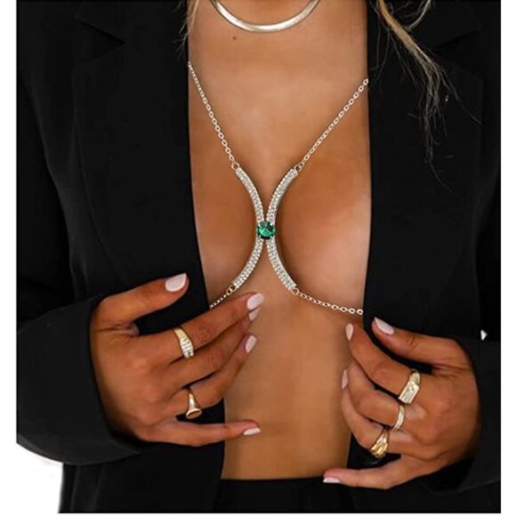 Jewelry - Luxe Emerald Silver Crystal Pendant Chest Bra Chain Harness Necklace Body Jewelr